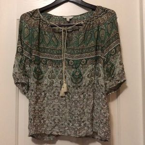 Boho Tassel Peasant Blouse - Green Floral